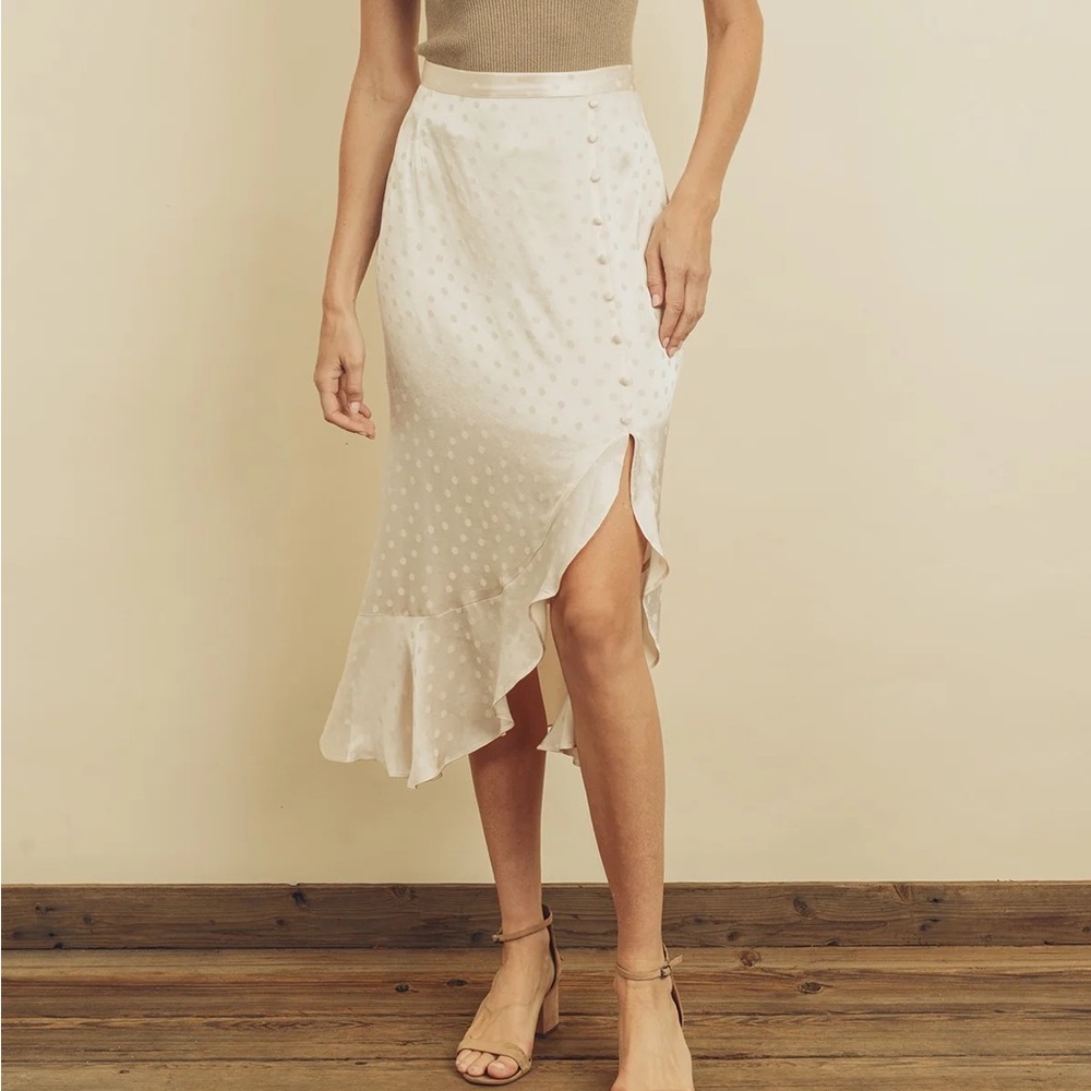 Dress Forum Retro Silky Cream Asymmetrical Ruffle Polka Dot Midi Slit Skirt L